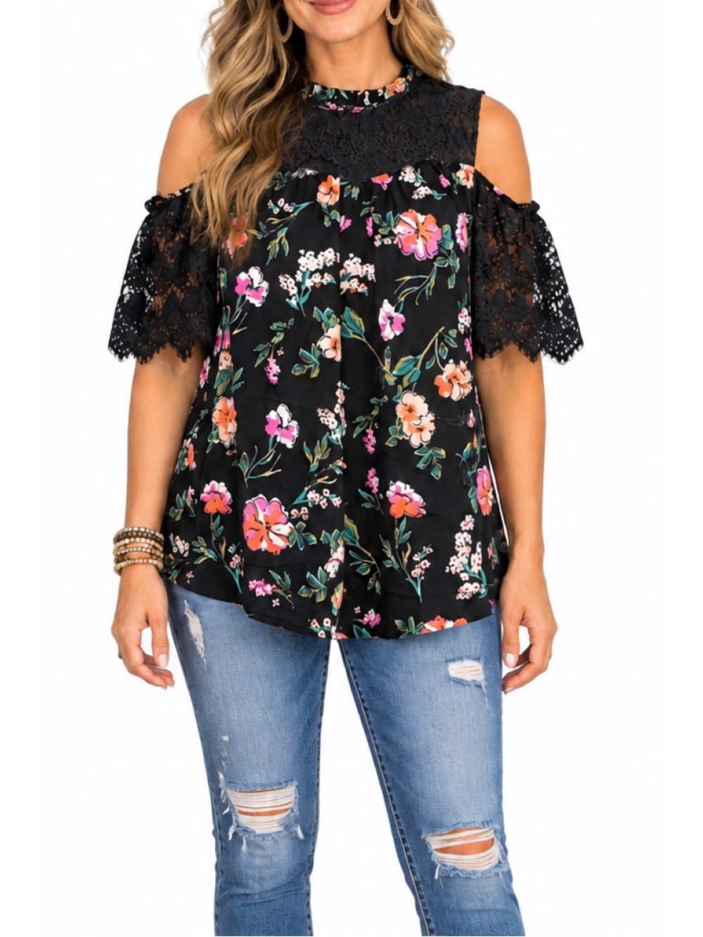 Live 4 Truth Black Floral Cold Shoulder Top -size Small NWT